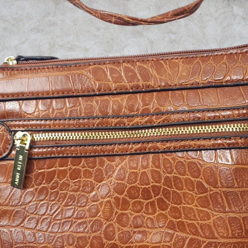 Anne Klein‎ Cognac Brown Crocodile Embossed Crossbody Bag Gold Hardware